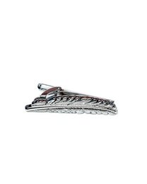 A silver-colored metal tie bar with a feather-like design, suitable for wearing with a bow tie.