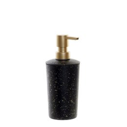  Black speckled soap dispenser with gold pump, cylindrical shape, modern bathroom accessory