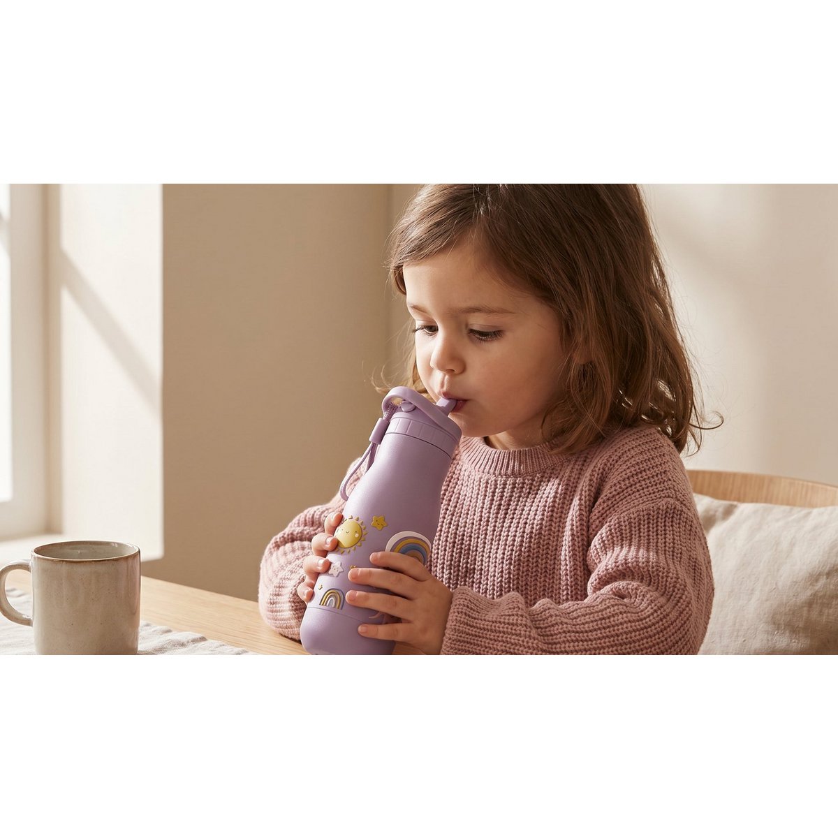 Jenard® kinderdrinkfles RVS - lekvrij, dubbelwandig, BPA-vrij, thermosfles voor school en kleuterschool. Roze/regenboog