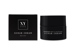 A premium men's skincare scrub cream with a rich, creamy texture that gently exfoliates and cleanses the skin, leaving it refreshed and revitalized.