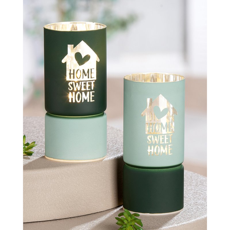Windlicht (LED), zylindrisch, "Sweet Home", Hausmotiv, Spruch, Glas, hellgrün, dunkelgrün, VE 8, 2fach sortiert, H. 15 cm, D. 7 cm