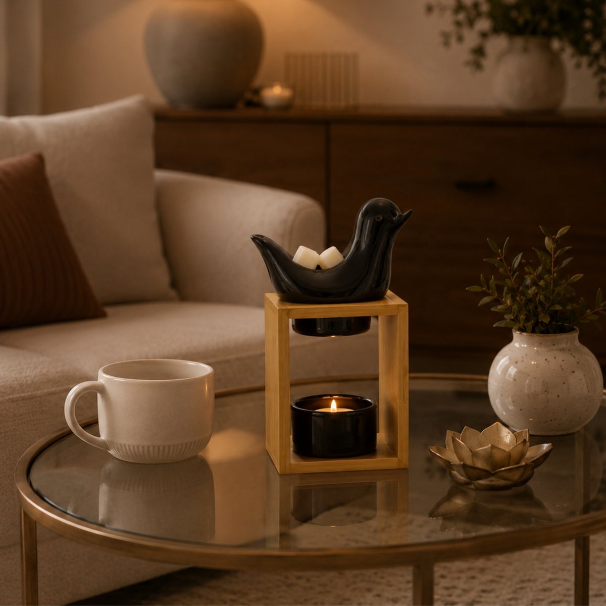 Brûle Parfum Série Naturea – Birdy Noir – Diffusion Huiles Essentielles, Cires Parfumées – Bougeoir Aromathérapie – Idée Décoration