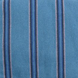 Woven cotton hammock with navy blue and white striped pattern, featuring a knotted rope detail at the end.
