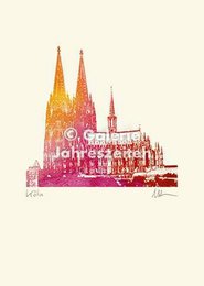 Cologne Cathedral postcard, iconic architecture, gradient orange pink design, landmark illustration, travel souvenir card