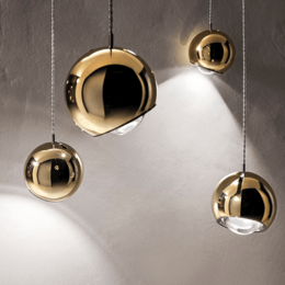 Adjustable hanging pendant lamp, spherical metallic design, chrome gold rose gold finishes, warm white light, modern minimalist style.