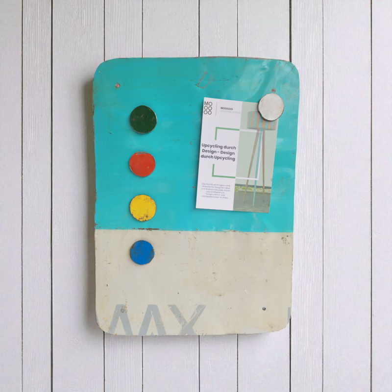 Magnetic board made from recycled oil drums with 5 colorful magnets