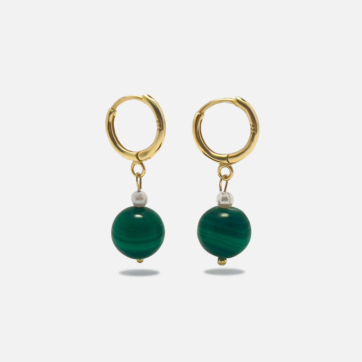 Boucles d'Oreilles Malachite & Perle – Argent 925 Plaqué Or