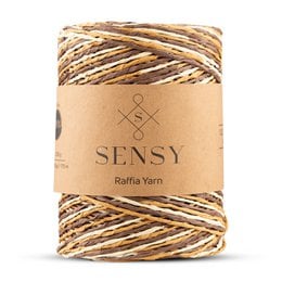 Multi-color raffia yarn, paper material, natural tan with striped patterns, crafting supplies.