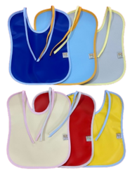 Pack of 6 waterproof bibs in various colors including blue, yellow, and red with contrasting trim.