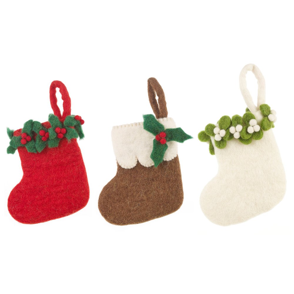 Handmade Felt Biodegradable Mini Christmas Holly Stocking Hanging Decoration