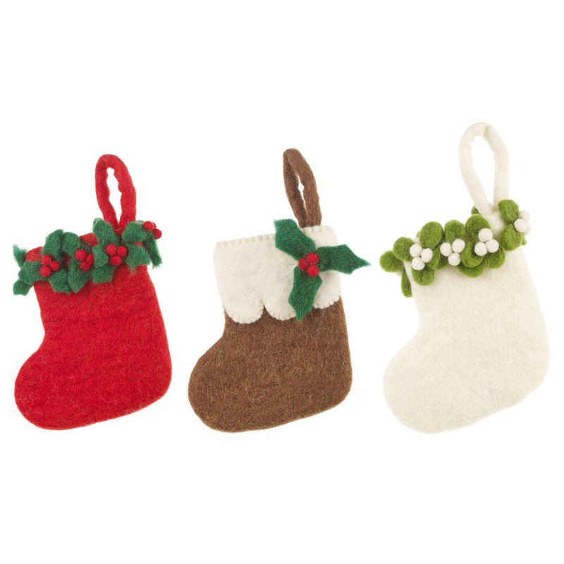 Handmade Felt Biodegradable Mini Christmas Holly Stocking Hanging Decoration