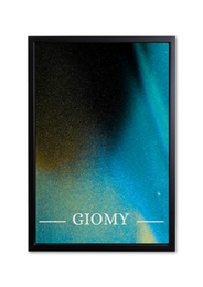 Vibrant abstract poster print with the text "GIOMY" in a minimalist design. The poster features a gradient of blue and green hues, creating a modern and eye-catching visual.