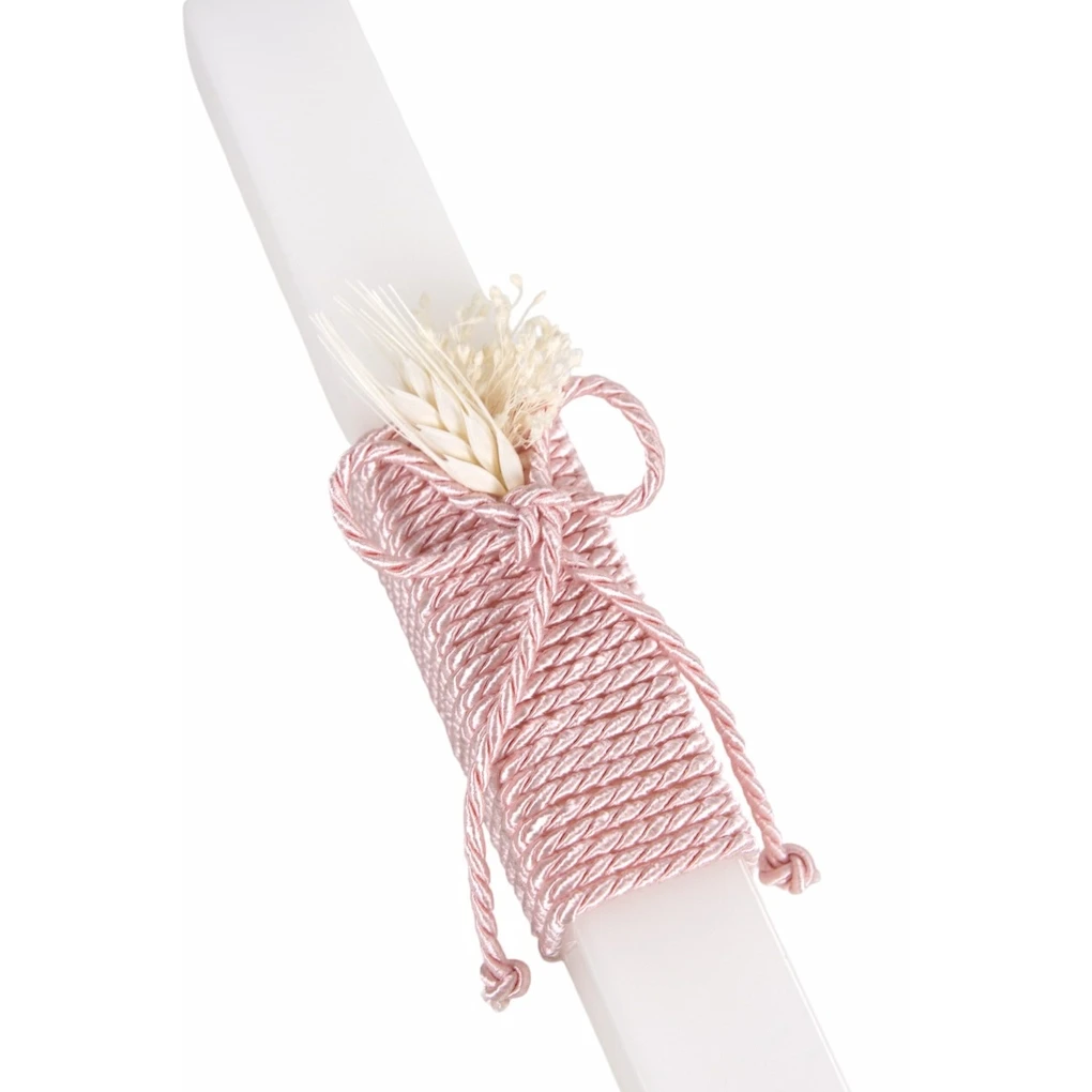 Bougie de baptême avec cordon rose et fleurs