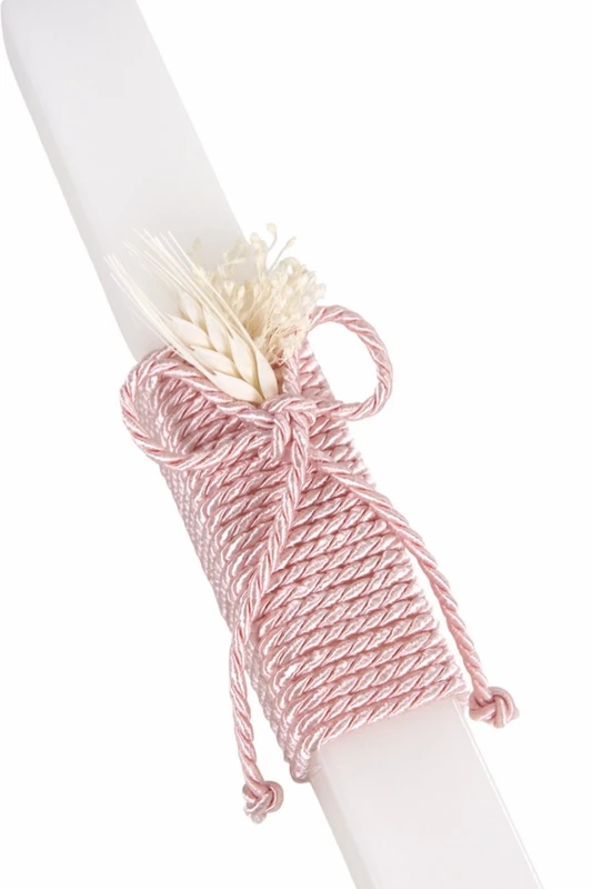 Bougie de baptême avec cordon rose et fleurs