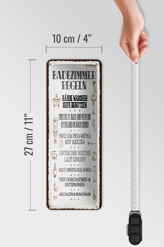 Blechschild Spruch 27x10 cm Badezimmer Regeln 7 Aufgaben Deko Schild