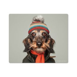  Dog wearing colorful striped beanie and red scarf, funny pet portrait mousepad