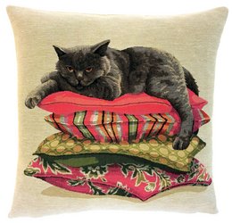 Decorative pillow cover featuring a British Shorthair cat resting on a stack of colorful pillows.