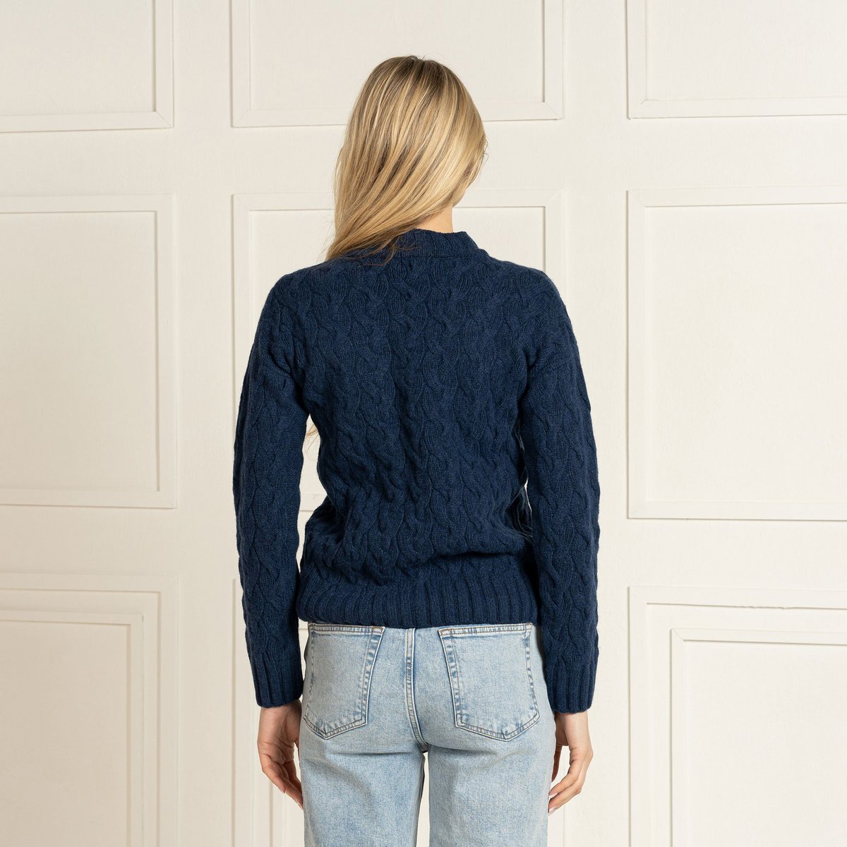 Kabeltrui voor dames, 100% Merino, Praag, donkerblauw