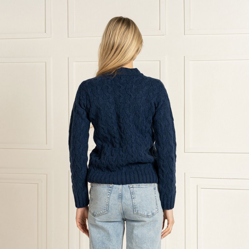 Damski sweter warkoczowy, wykonany w 100% z merynosów, Praga, ciemnoniebieski