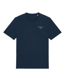  Navy blue unisex cycling t-shirt with short sleeves and inspirational text print on back.