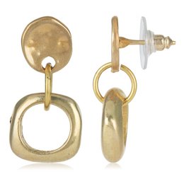 Irregular square golden earrings with a hanging ring design.