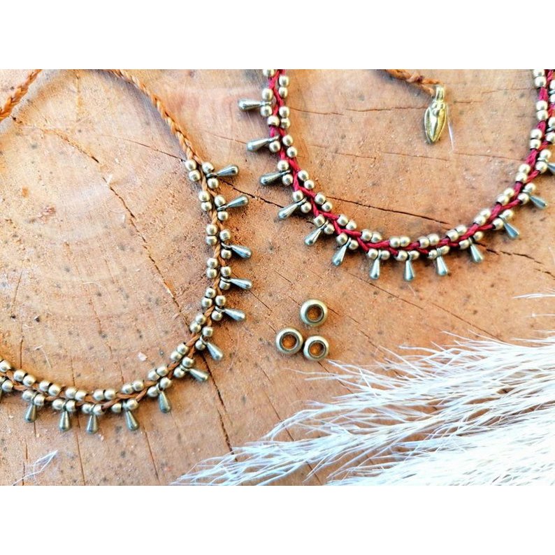 Simple beaded anklet with small brass drops » Handmade