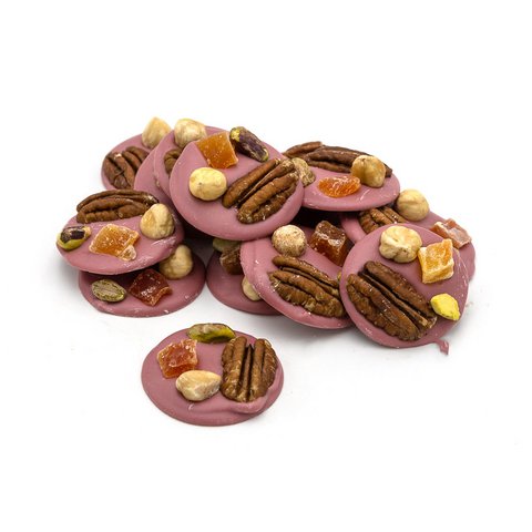 Mendiants ruby met pecannoten, hazelnoten, pistachenoten en papaya 150 Grs