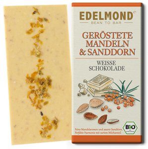 Geröstete Mandeln und Sanddorn, Weiße Schokolade, Bio+Fair