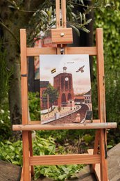 Vintage European town illustration, red brick building, street scene, warm sepia tones, architectural art print.