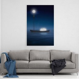 Canvas picture with a shadow gap in white, featuring a minimalist landscape with a full moon and a structure in the distance.