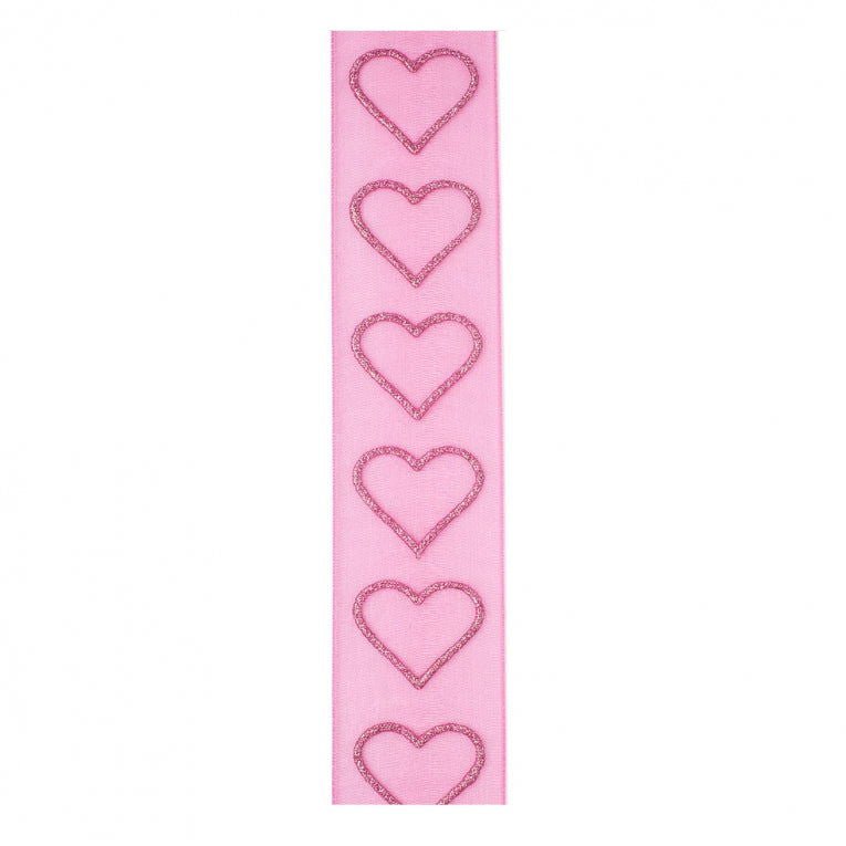 Cinta organza brillo corazones fucsia