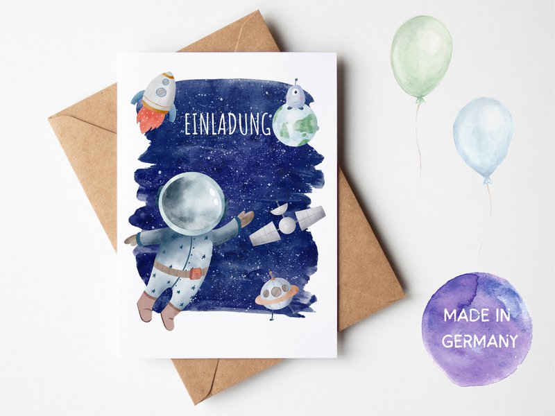 Set met uitnodigingskaarten voor astronauten om in te vullen, inclusief enveloppen voor verjaardagen van kinderen in de ruimte of verjaardagen van astronauten