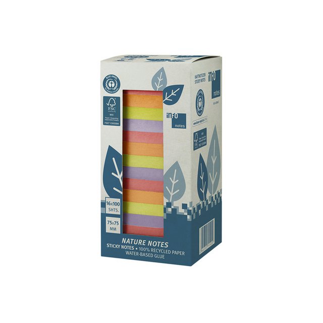 Info notes 75x75mm 16 x 100 blaadjes, 4 kleuren, blauwe engel, toren verpakking.