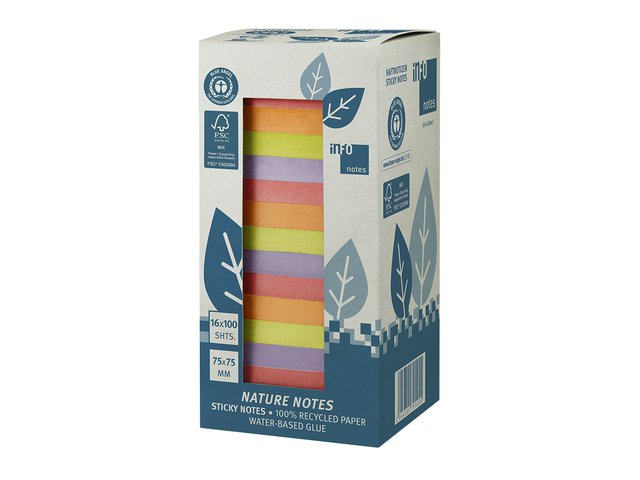 Info notes 75x75mm 16 x 100 blaadjes, 4 kleuren, blauwe engel, toren verpakking.