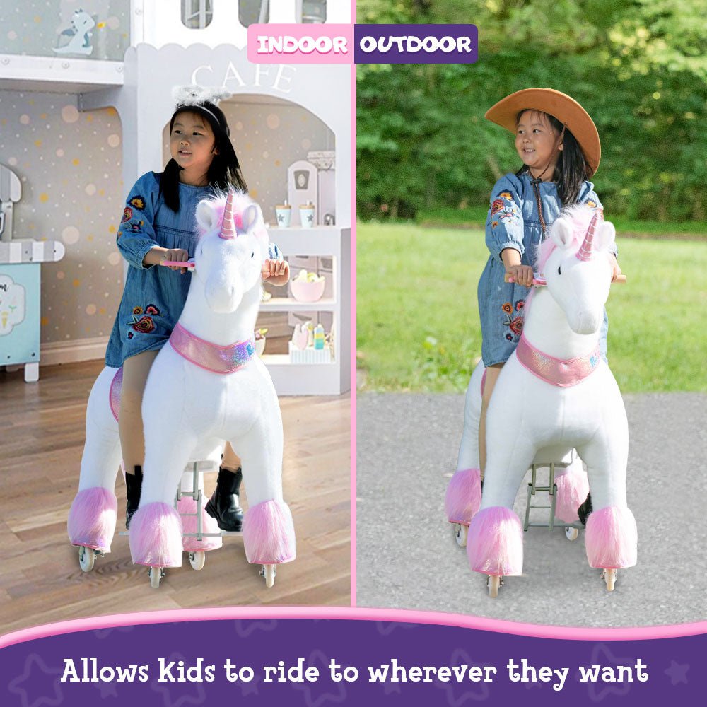 PonyCycle Official Classic Ride on Toys Modèle U Licorne blanche, rose et violette - avec frein et son