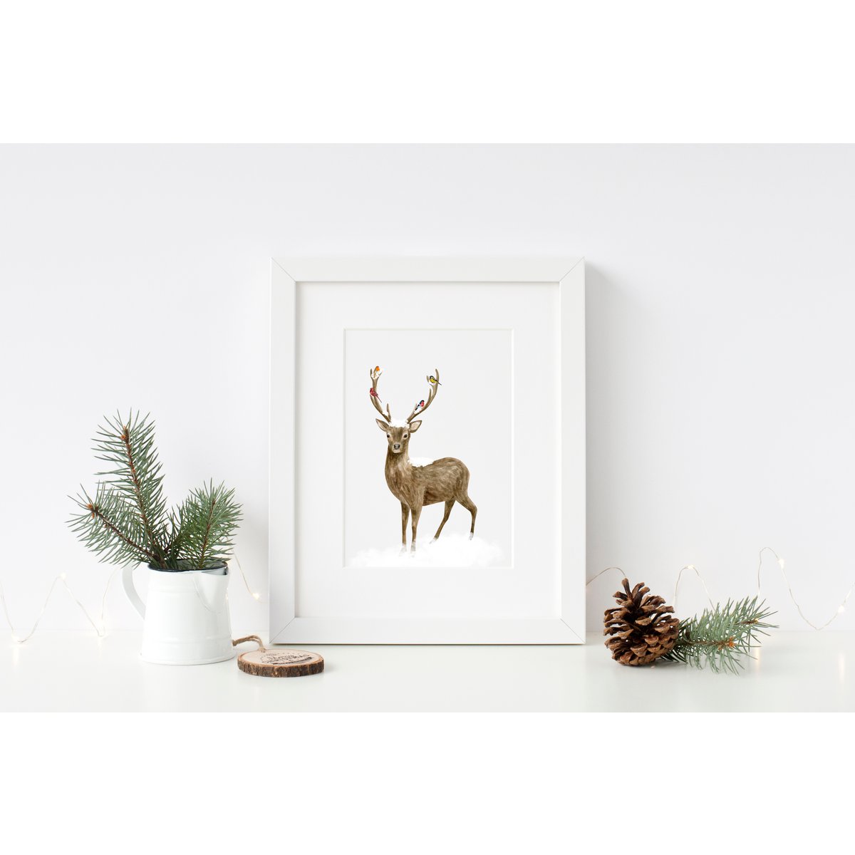 Deer and birds poster, botanical Christmas poster, deer poster, Christmas print, reindeer Christmas decor, Christmas poster