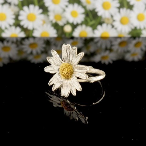 Floraler Statement-Ring: Echtes Gänseblümchen aus recyceltem Silber (umweltfreundlich)