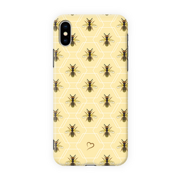 Eco-friendly iPhone cover with a repeating bee pattern in a yellow background. Suitable for iPhone X/XS, 7/8, XR, XS Max, 7/8Plus models.