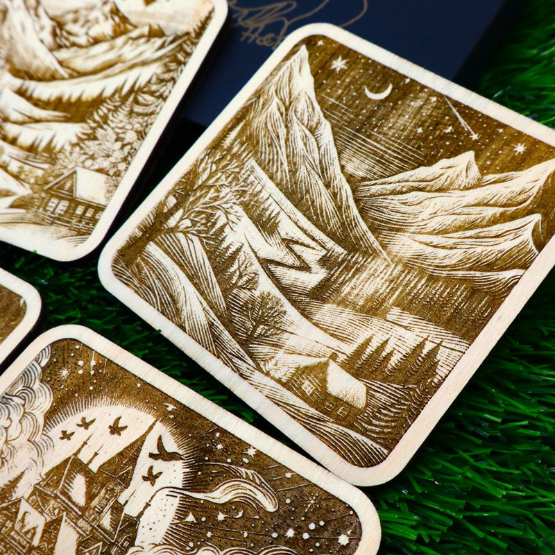 Wooden Winter Coasters, Snowy Forest and Mountain Decor, Housewarming Gift