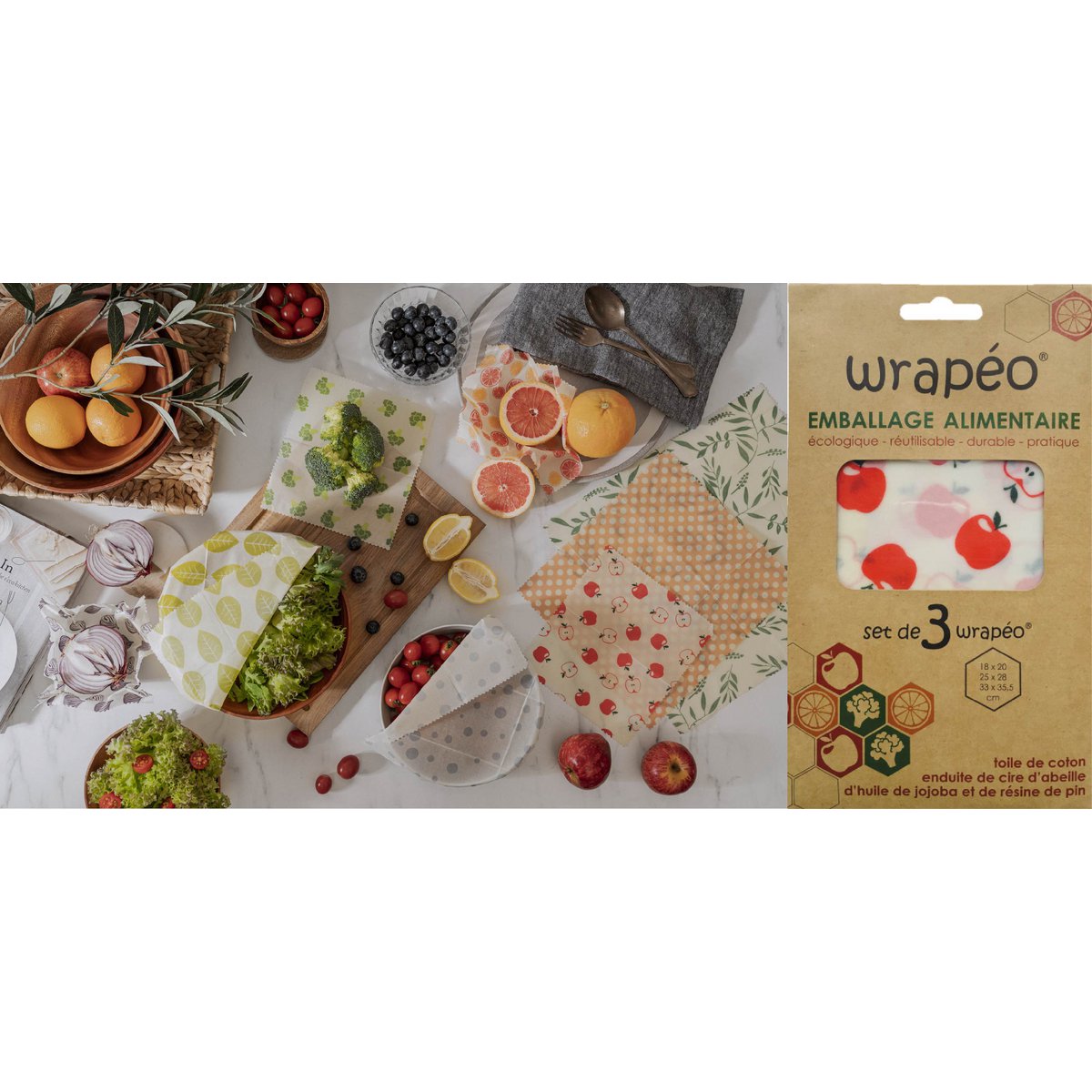 Cera de abejas wrapéo - juego de 3 colores S/M/L - 18x20 / 25x28 / 33x35,5 cm