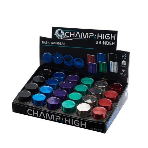 Display of 24 basic spice grinders - Black, Blue, Purple, Silver and Red