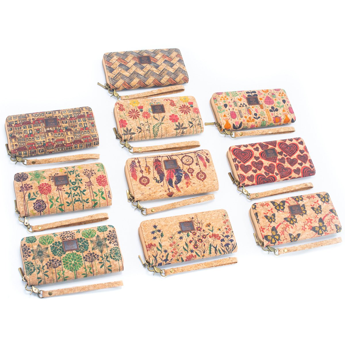 Cartera de tarjetas con cremallera para mujer de corcho natural de varios patrones BAG-2235