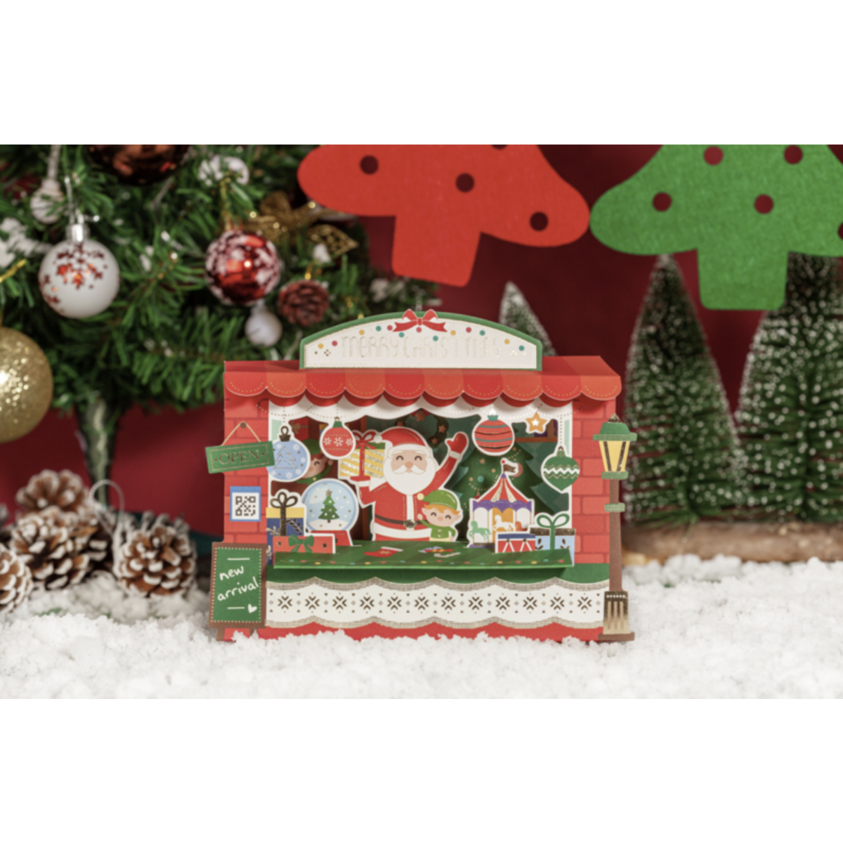 Carte de Noël Pop up 3D Invitation au marché de Noël avec boule et étoiles