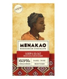 Dark chocolate bar with cashew and sea salt, 63% cocoa content, featuring a vibrant portrait of a person on the packaging.