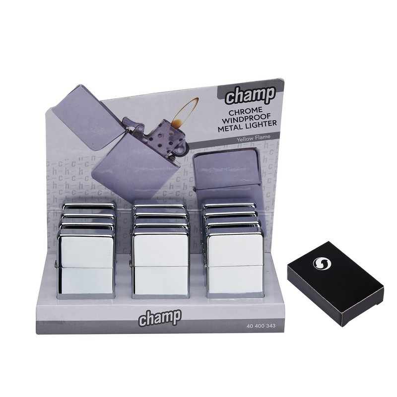 Display of 12 metal stone lighters