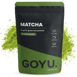  Premium organic matcha tea powder in 90g package. Vibrant green color, smooth texture, and rich flavor for a calming tea experience.