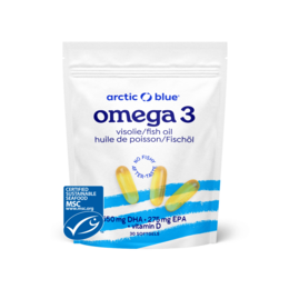 Fish oil supplement with DHA, EPA, and vitamin D3 in a large capsule format.