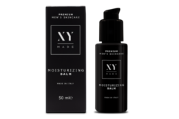 Moisturizing balm for men's skincare, with a sleek black and white packaging design. The product is a moisturizing balm for men's skin.