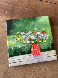 Ramo de campo en florero rojo | Azulejo pintado a mano