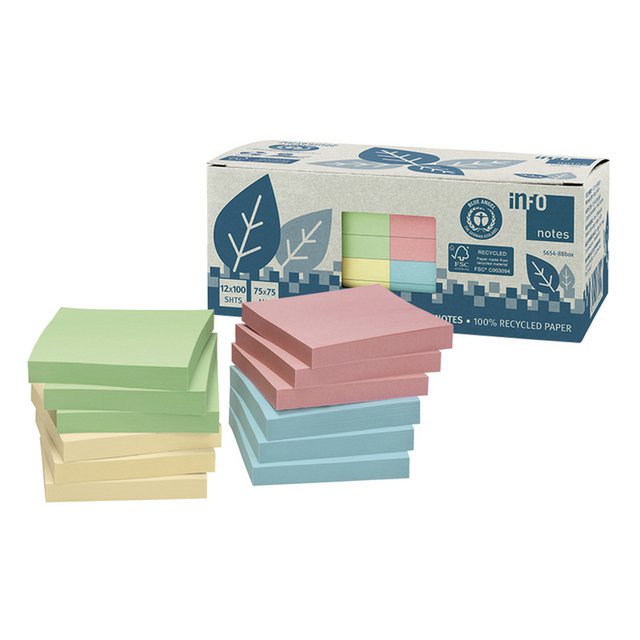 Info notes 75x75mm ass. recycled doos 12 blok geel, groen, rose, blauw